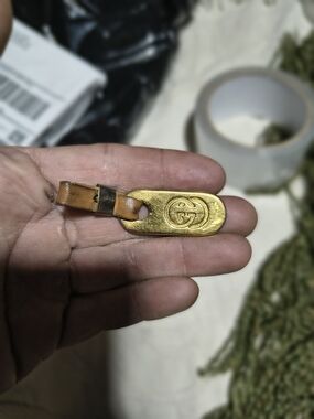 Gucci Gold-Tone Metal GG Key Charm with Brown Leather Loop